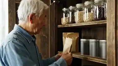 An older man at an open pantry cupboard setting a small brown pouch on the middle shelf between a tin and a jar of coffee beans