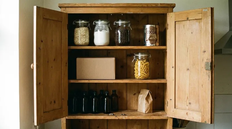 Open pantry cupboard with three shelves of jars, tins, a plain box, small bottles and a brown pouch