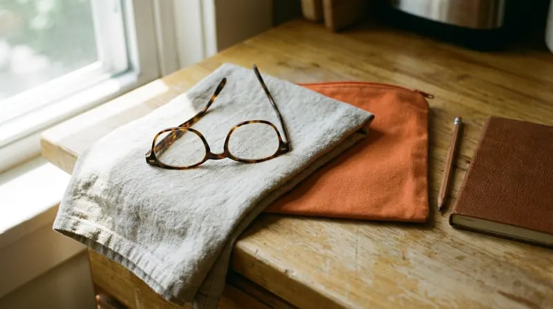 Reading glasses on a tea towel beside an orange pouch lying on its back, a pencil and a small notebook