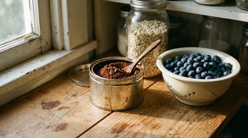 An open tin of dark cocoa powder with a spoon beside a colander of fresh blueberries and a jar of oats