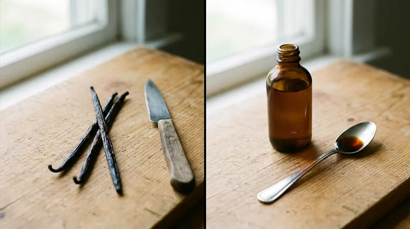Split view of whole vanilla beans on a board and a small plain bottle of vanilla extract with a teaspoon of it