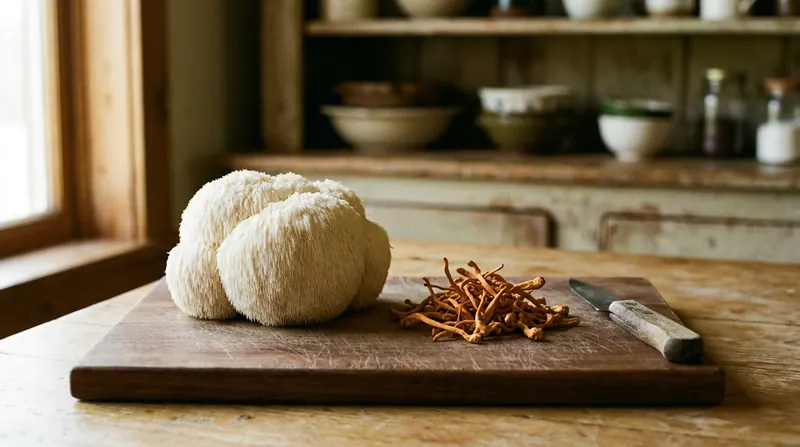 Fresh lion's mane mushroom on a walnut board beside a heap of thin dried orange cordyceps stalks