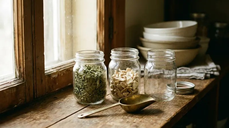 Three small glass jars on a pantry shelf, one of dried bacopa leaves, one of rhodiola root, one empty