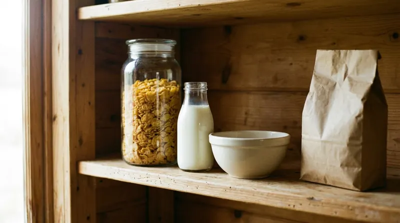 Glass jar of cereal flakes beside a bottle of milk and a bowl, a small brown pouch at the end of the shelf