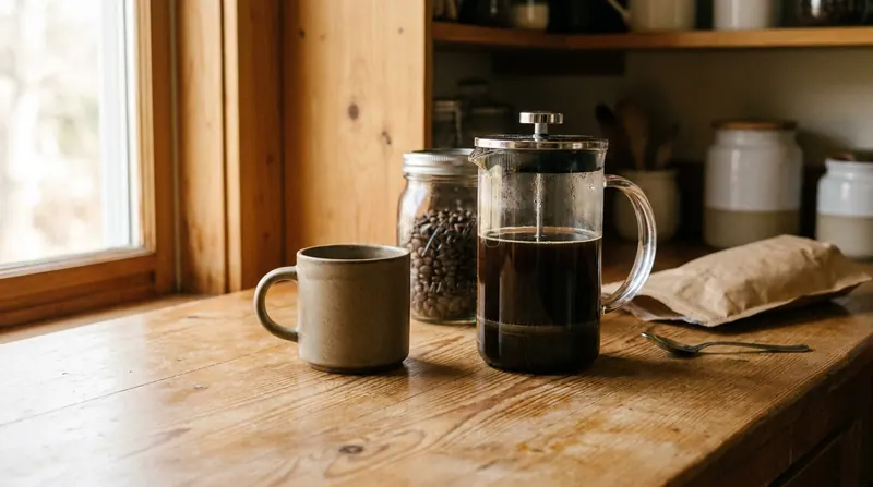 French press of dark coffee and a stoneware mug beside a jar of coffee beans and a small pouch lying on its side