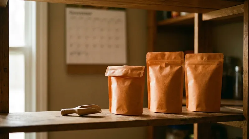 Three small orange pouches in a row on a pantry shelf, the first one open with a scoop beside it