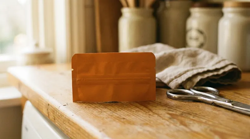 Close view of the sealed top of an orange pouch with its tear notch intact, kitchen scissors beside it