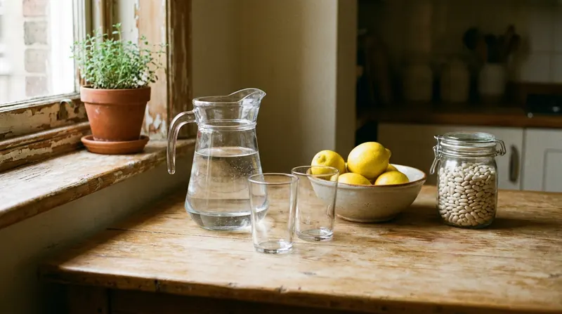 Glass pitcher of water and two glasses on a pantry counter beside a bowl of lemons and a jar of beans