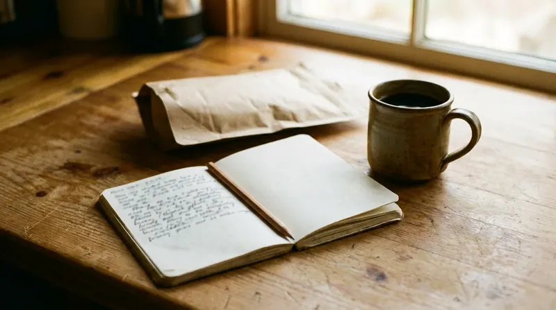 Open notebook with a pencil on a kitchen counter, a brown pouch standing behind it and a mug of coffee