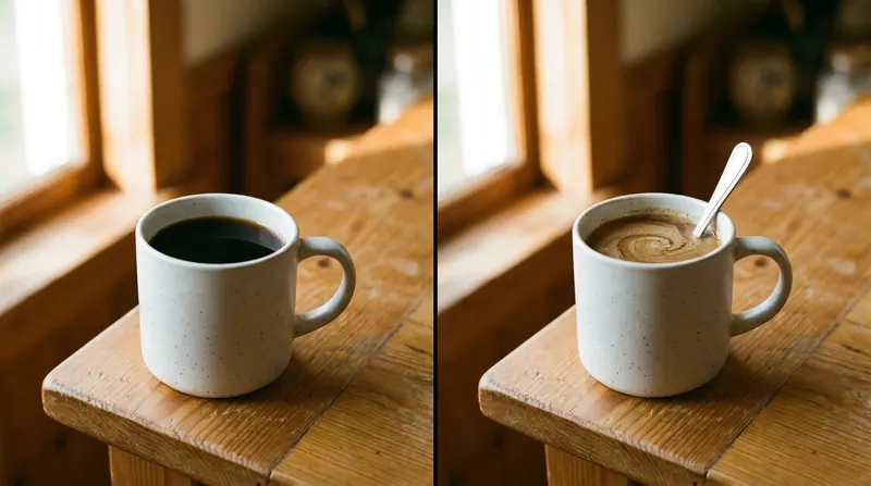 Side-by-side halves of one white mug of black coffee, plain on the left and with tan powder stirred in on the right
