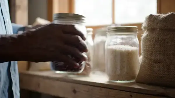 Weathered hands lining up plain glass jars of beans, rice and oats along a wooden pantry shelf