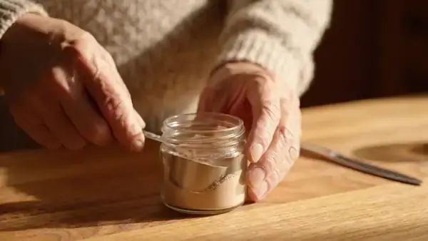 Hands leveling a scoop of tan powder with a butter knife and tipping it into a small ramekin