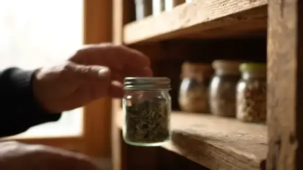 Hands unscrewing a small glass jar of dried green leaves, tipping a few into a palm and closing it again