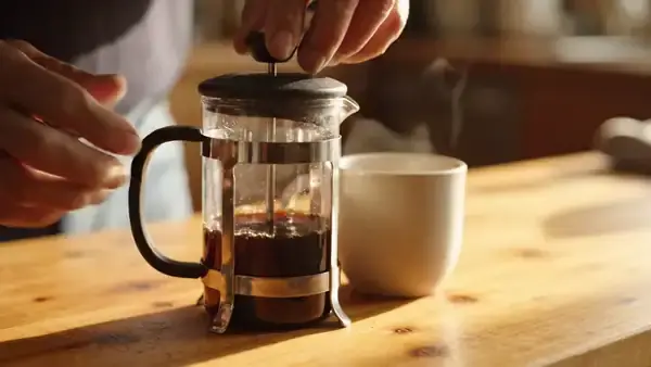 French press plunger pressed down, coffee poured into a stoneware mug and a small scoop of powder stirred in