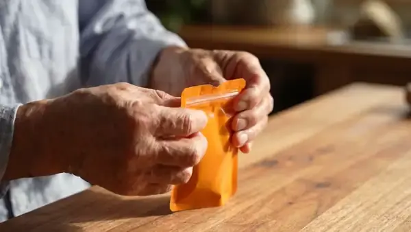 Hands tearing the notch of a small orange pouch, opening the zip and pressing it closed again