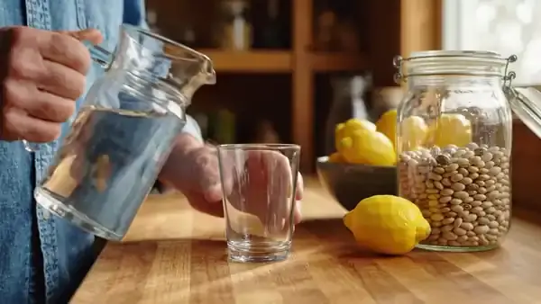 Hands pouring water from a glass pitcher into a plain glass beside a bowl of lemons and a jar of beans