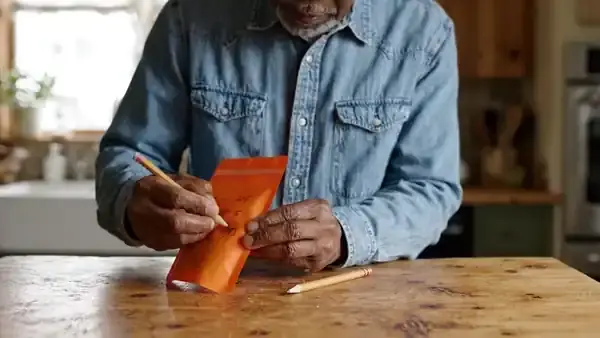 Older man writing a date on the back of a orange pouch and setting it on a pantry shelf beside a tin